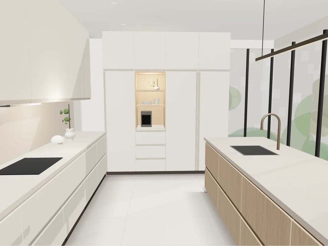 Cozinha de demonstração renderizada em 3D, com ilha em madeira e nicho iluminado